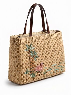 Cappelli Straworld Vintage Woven Straw Tote Bag Flamingo Palm Tree